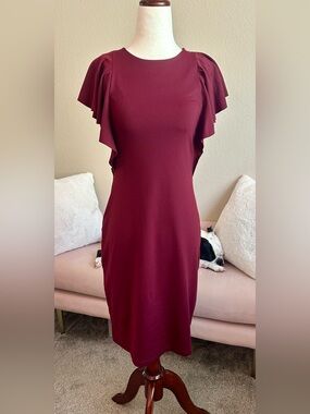 Susana Monaco Dress Burgundy Flutter Cap Sleeve Fitted Midi Women’s Small Luxury